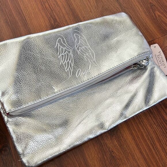 NWT Angel Victoria's Secret silver fold over clutch make up bag with wings - Picture 1 of 6